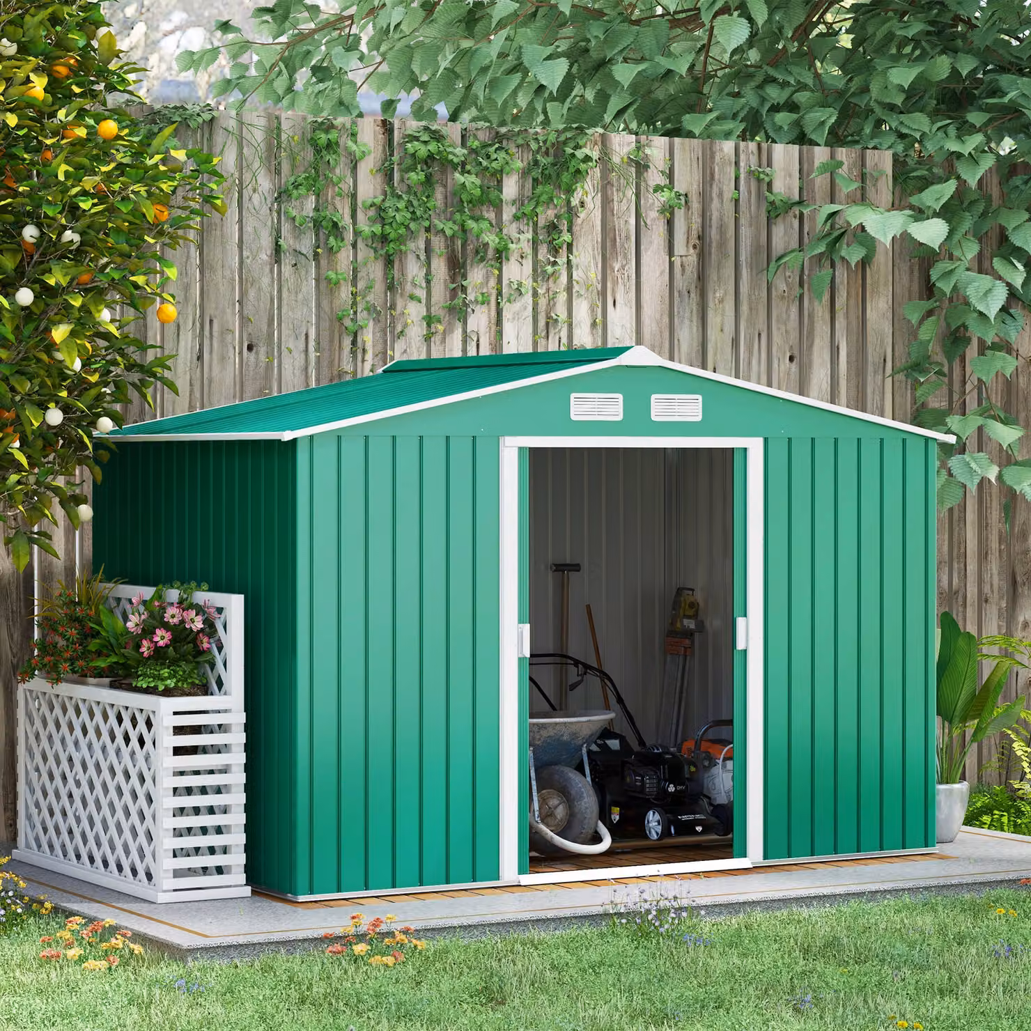 Outsunny Lockable Pent Garden Shed in Green, Galvanised Steel Metal Storage Building with Double Doors, W/D/H: 274.32 x 182.88 x 183.0 cm – 2