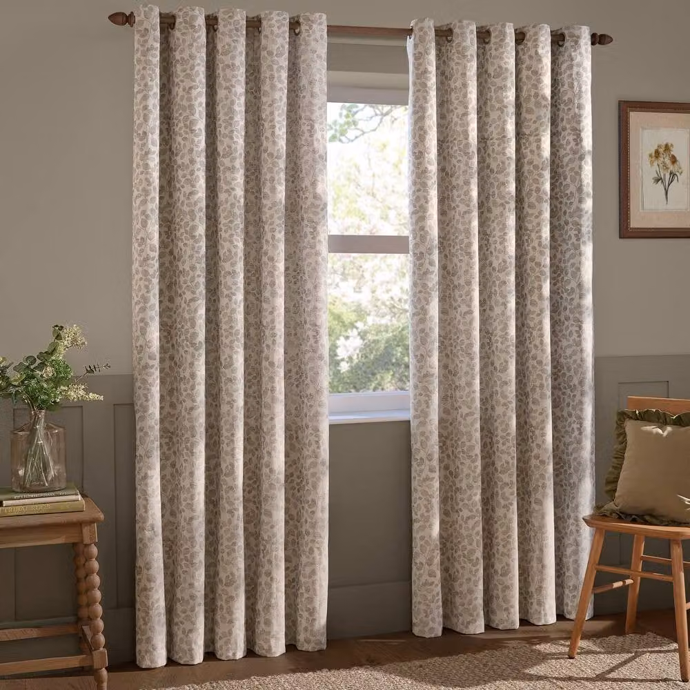 Wylder Haus Grace Leaf Jacquard Eyelet Curtain Pair in Beige, W: 117 cm, Drop: 137 cm – 2