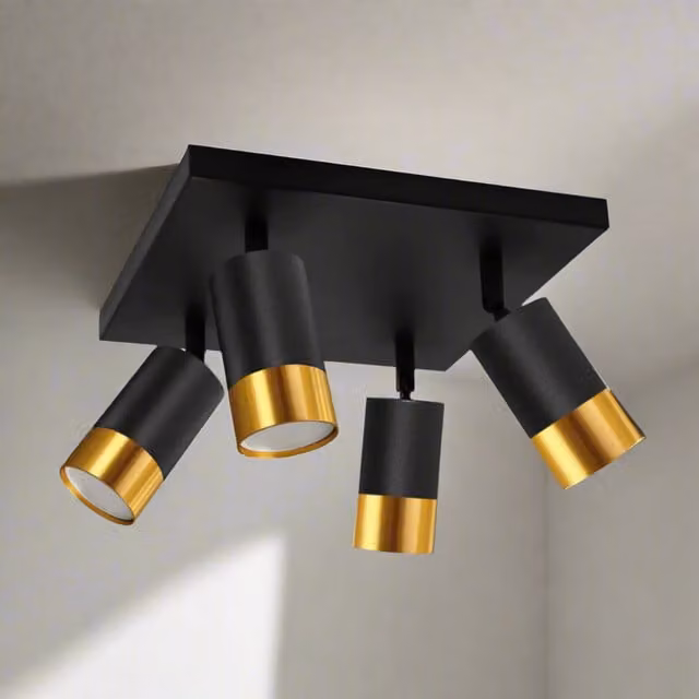 CGC PUZON Adjustable Four Head Aluminium Ceiling Spotlight in Black and Gold/Brass