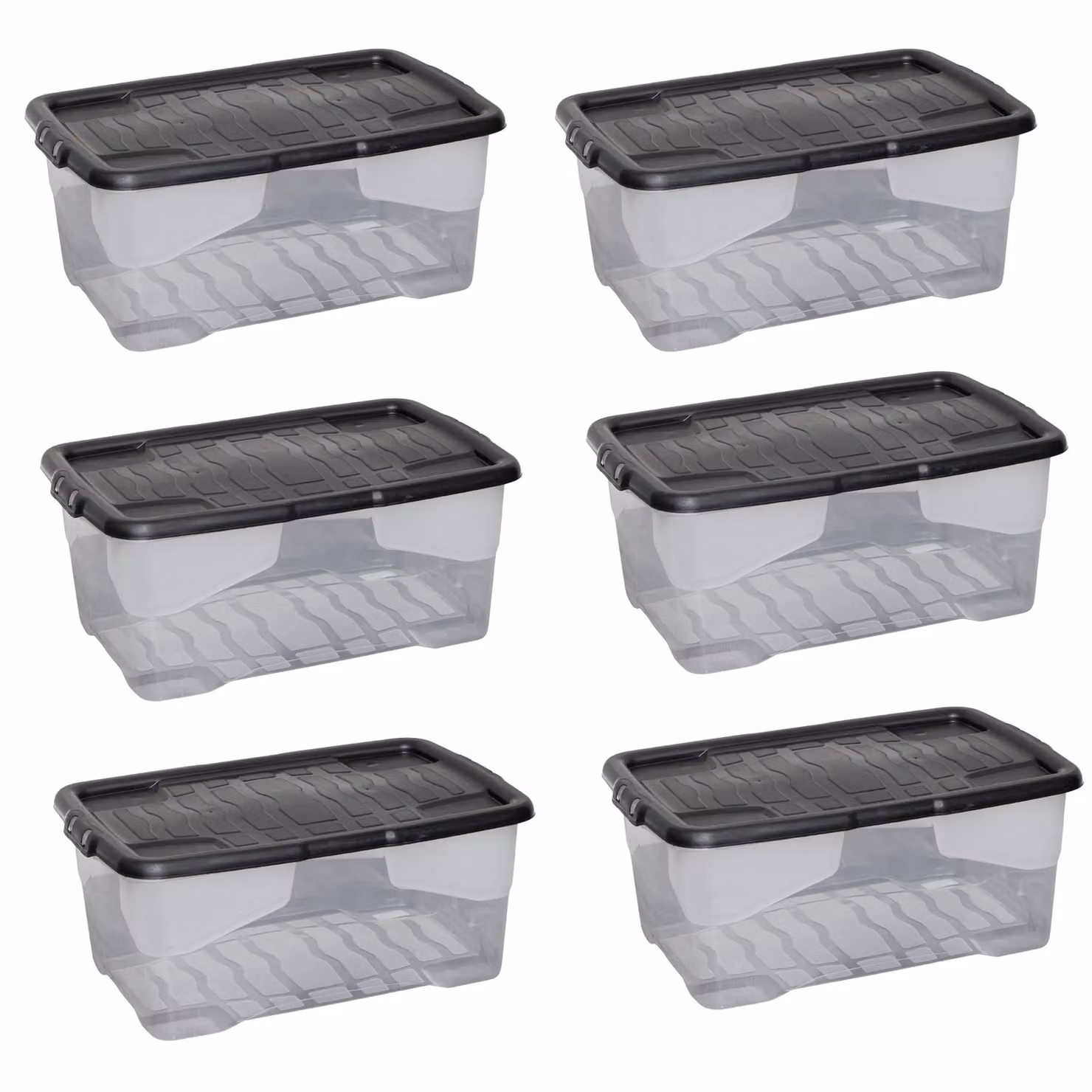 Samuel Alexander 6 x 42L Clear Plastic Storage Boxes with Black Lids, Stackable and Nestable Design – 6