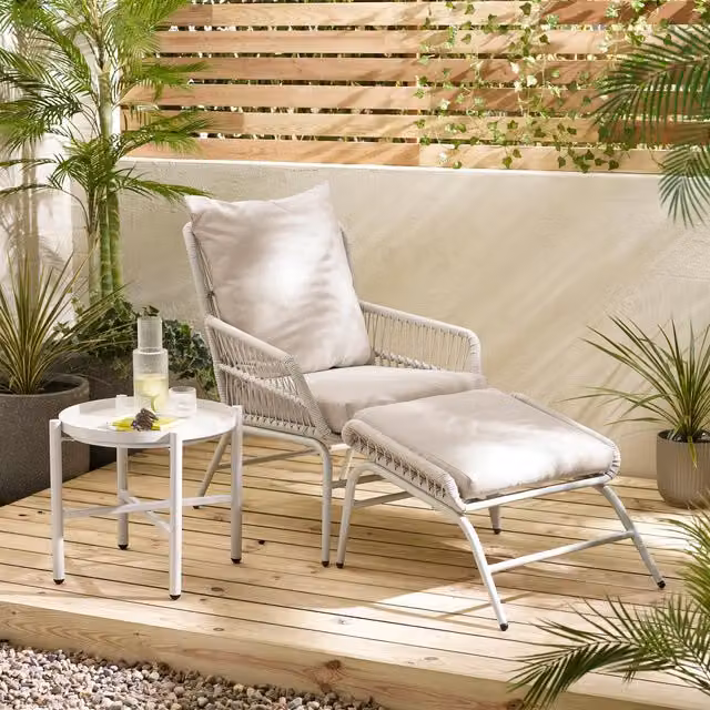 FurnitureboxUK Lyon Metal Outdoor Chair, Footstool and Side Table Set in Beige