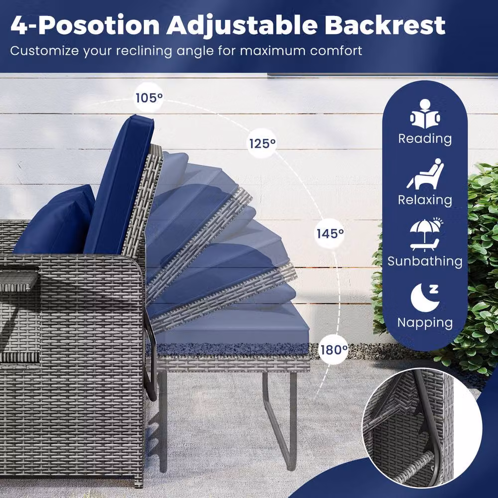 Costway 2-Piece Navy Blue PE Wicker Daybed and Patio Rattan Furniture Set with 4-Level Backrest – 6