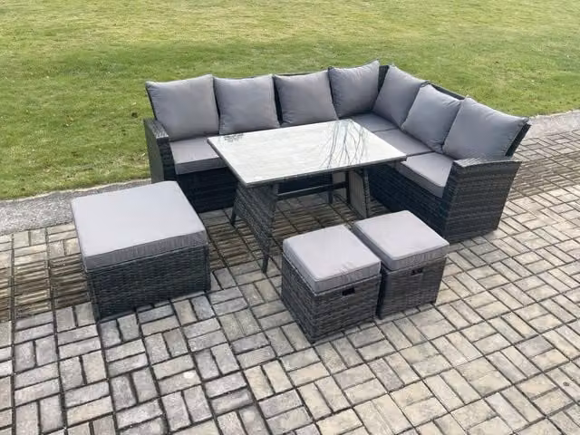 Fimous Outdoor Garden Dining Set in Dark Grey Rattan with Rectangular Tempered Glass Table and 3 Footstools