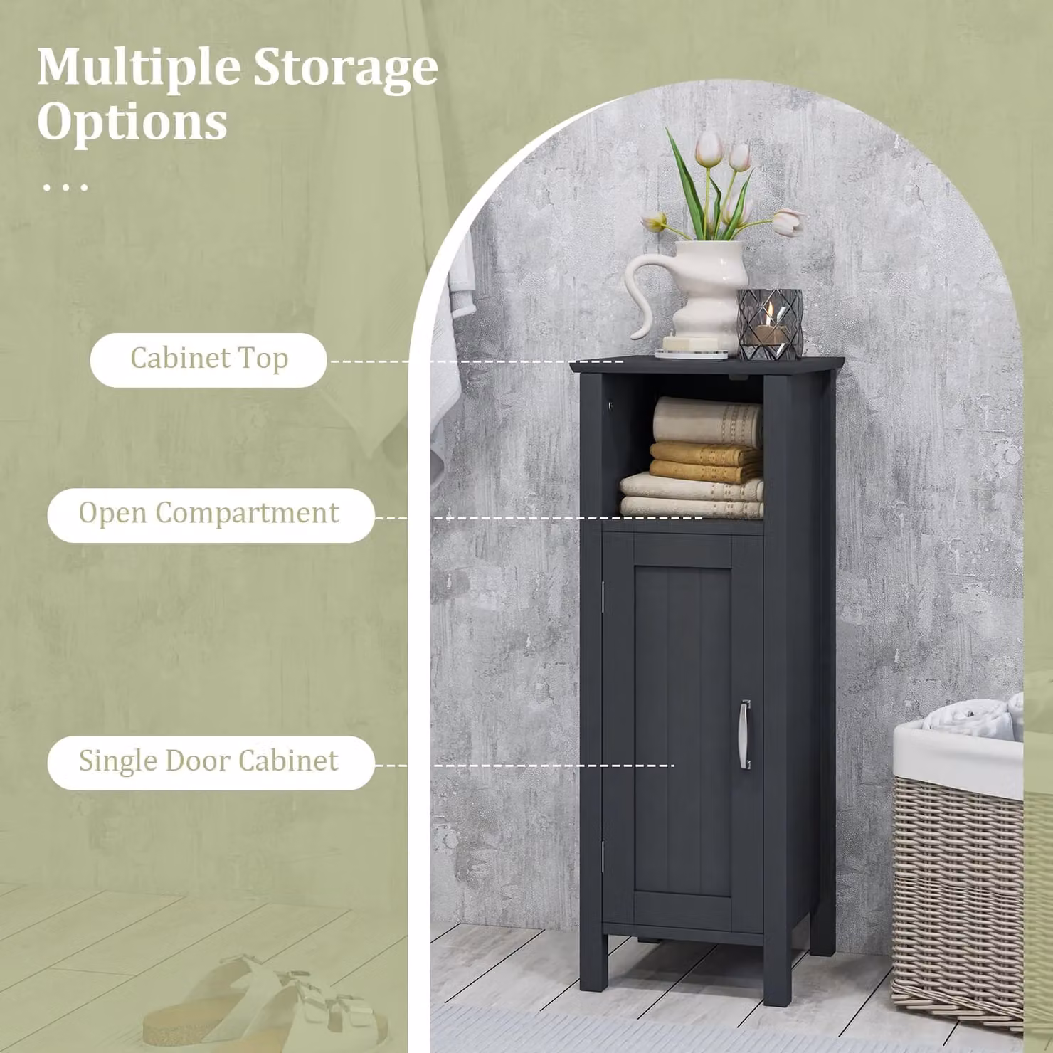 Gymax Freestanding Narrow Bathroom Floor Cabinet in Matt Black with Hinged Doors and Internal Shelves – 7