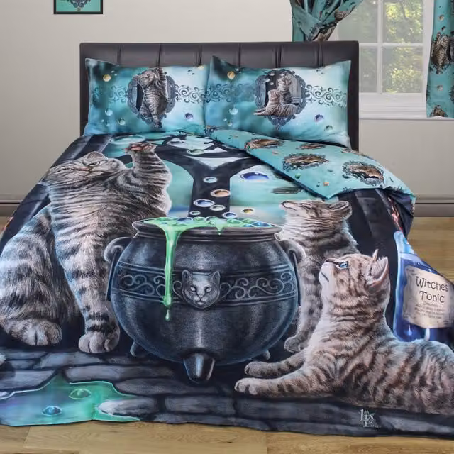 Hubble Bubble Cauldron Cats Reversible Duvet Cover and Pillowcase Set by Lisa Parker, Green, Grey and Purple, Duvet Cover: 200 x 220 cm, Pillowcase: 50 x 75 cm