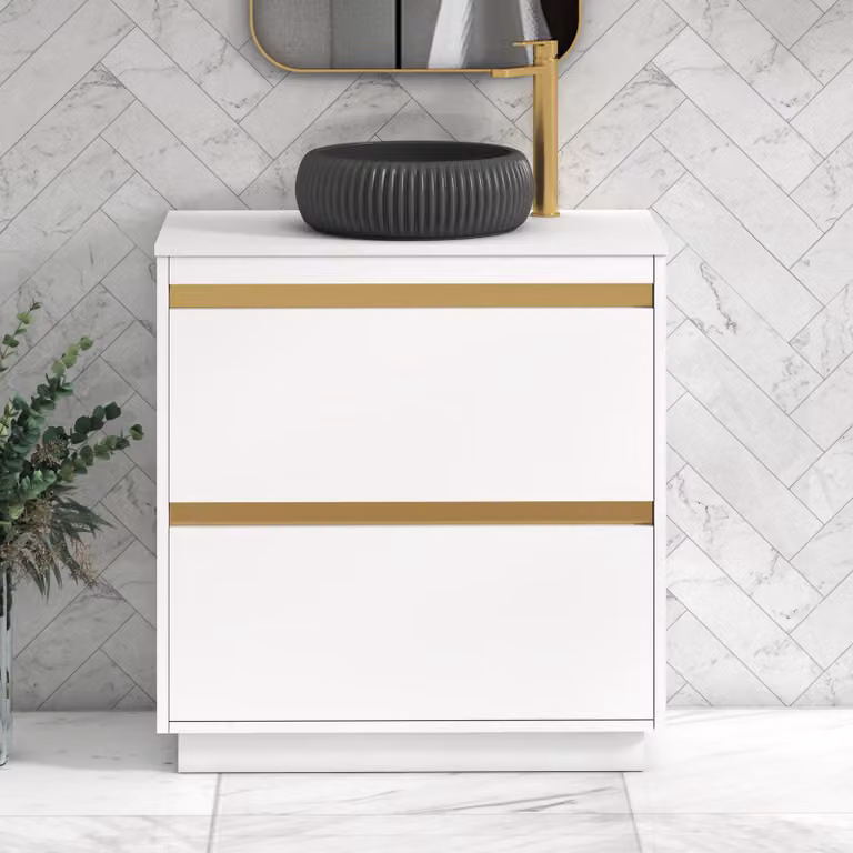 Royal Bathrooms Orion 800mm Matt White Floor Standing 2 Drawer Vanity Unit with Milan Black Basin and Brushed Brass Accent Trim