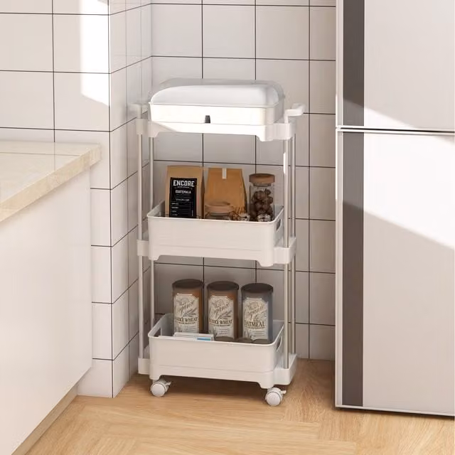 COSTWAY 3-Tier Rolling Utility Storage Trolley in White and Transparent