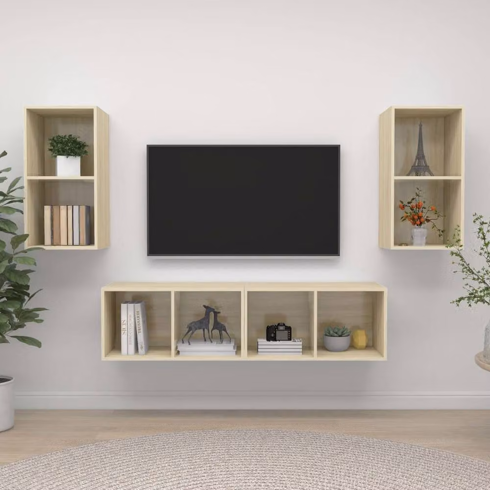 Berkfield Home Set of 4 Wall-mounted TV Cabinets in Sonoma Oak Light Oak Engineered Wood W/D/H: 72.0 x 37.0 x 37.0 cm – 2