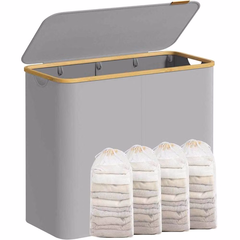 The Bazaarist 4 Compartment Laundry Basket with Removable Mesh Liner and Lid, Grey – 2
