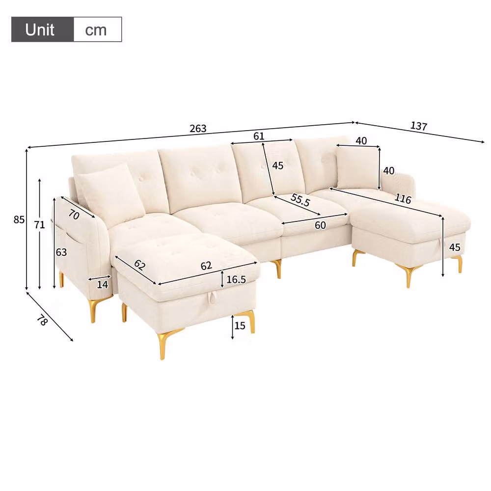 Merax Reversible U-Shaped Modular Corner Sofa with 2 Matching Storage Ottomans in Beige Fabric with Gold Metal Legs – 2