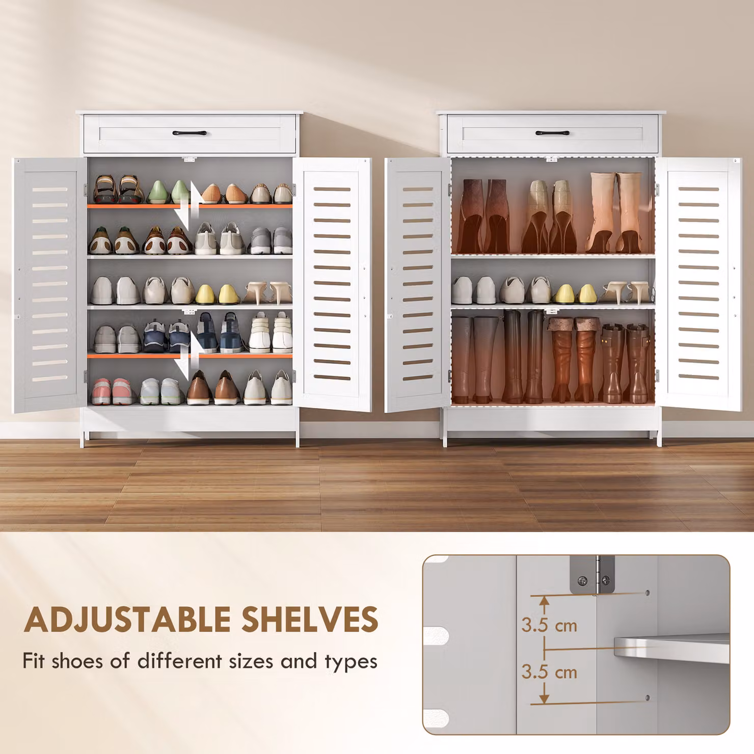 HOMCOM Modern White Shoe Storage Cabinet with Hinged Doors, Drawer and Adjustable Internal Shelves – 3