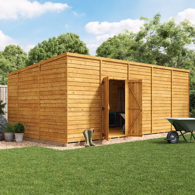 BillyOh Switch Overlap Pent Wooden Garden Shed in Brown with Double Doors and Floor, W: 609.6 cm, D: 566.4 cm
