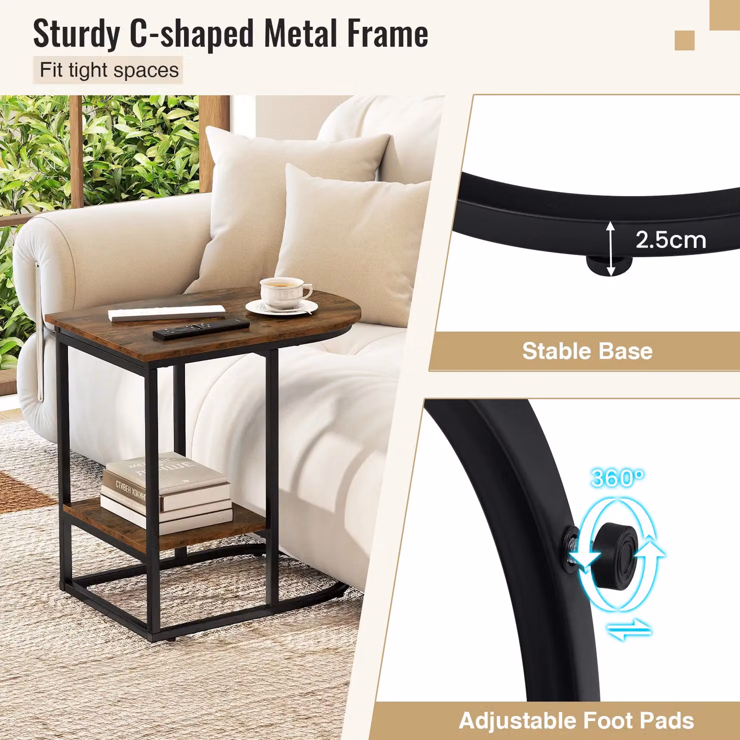 Gymax Modern C-shaped End Table with Storage Shelf in Brown – 8