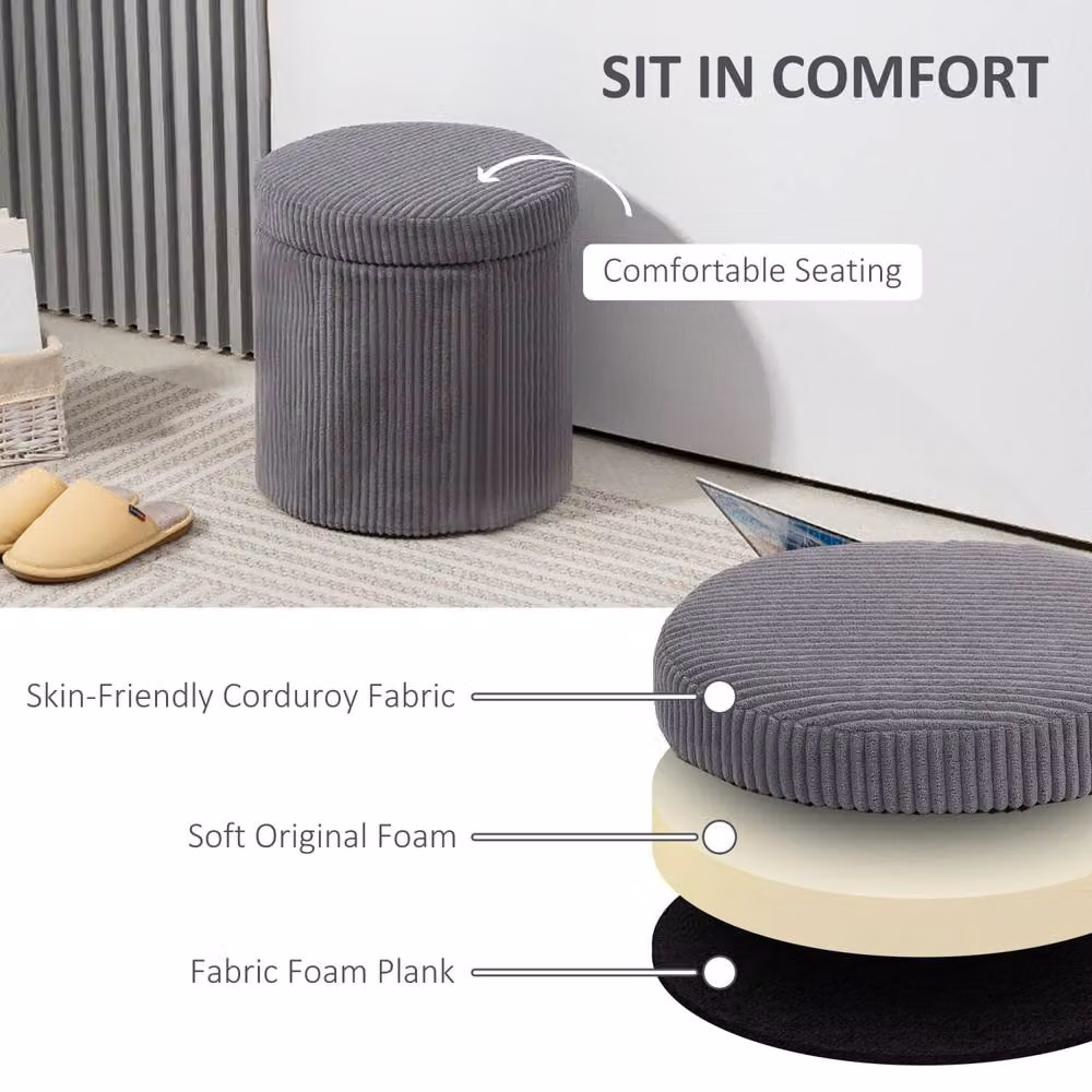 Wyld Haus Yoluha Round Grey Corduroy Storage Ottoman, Diameter: 40 cm – 4