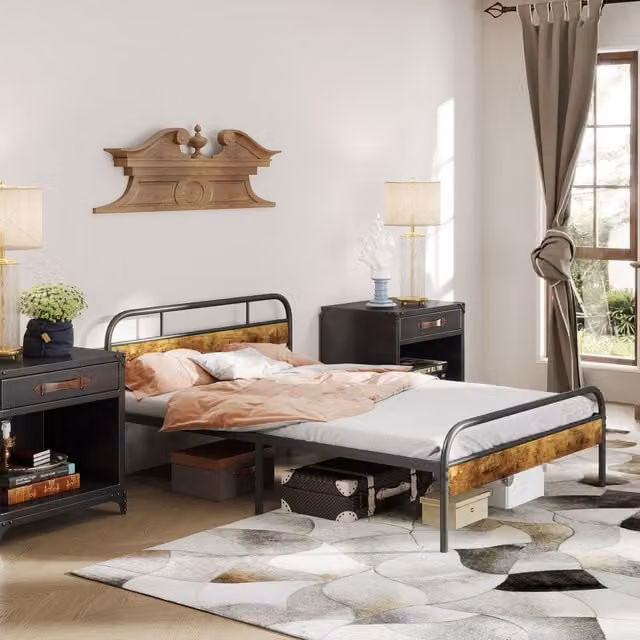 HOMCOM Industrial Double Bed Frame with Headboard in Brown and Metal