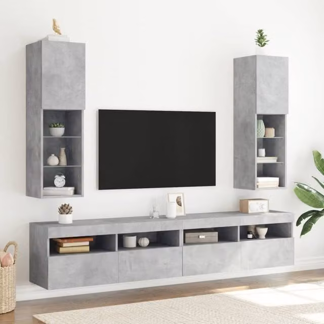 Berkfield Home Set of 2 Modern TV Cabinets with LED Lights in Concrete Grey, W/D/H: 30.5 x 30 x 102 cm – 1