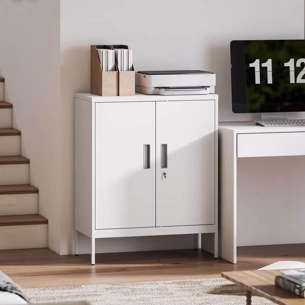 ERGOVEXA Lockable Metal Storage Cabinet with Adjustable Shelves and Hinged Doors, White, W/D/H: 80 x 40 x 100 cm – 3