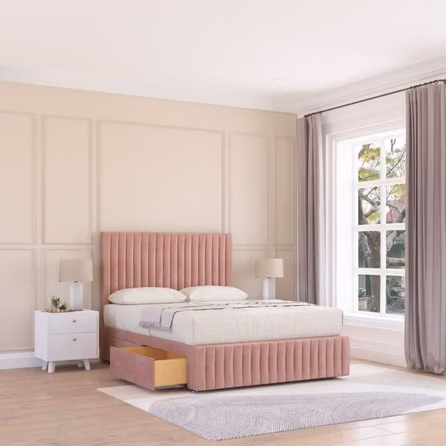 Sloomy Madison Divan Bed Base with 2 Drawers, 12 inch Footboard and 54 inch Floor Standing Headboard, Pink Velvet Upholstered, W/D/H: 90 x 190 cm