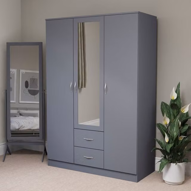Vida Designs Riano 3 Door 2 Drawer Mirrored Wardrobe in Grey