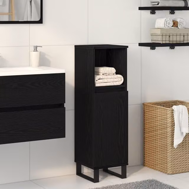 Berkfield Home Modern Black Oak Bathroom Cabinet with Hinged Doors and Internal Shelves, W/D/H: 30 x 30 x 100 cm