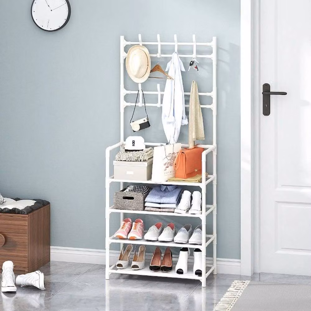 KORVIXA Metal Coat and Hat Stand with 8 Hooks and 4-Tier Shoe Rack in White, W/D/H: 100 x 100 x 100 cm – 2
