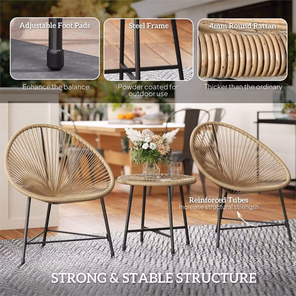 Outsunny Modern 3-Seater Garden and Balcony Bistro Set in Brown and Natural Rattan with Wood and Glass Details – 2