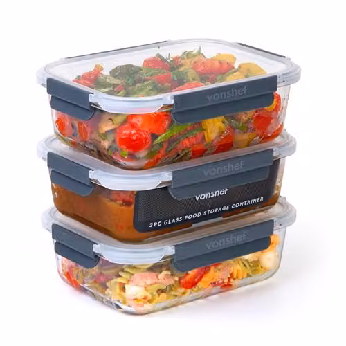 VonShef 3-Piece Glass Meal Prep Lunch Box Set with Airtight Leakproof Snap Lids, 1.5 l per Container, Transparent – 6