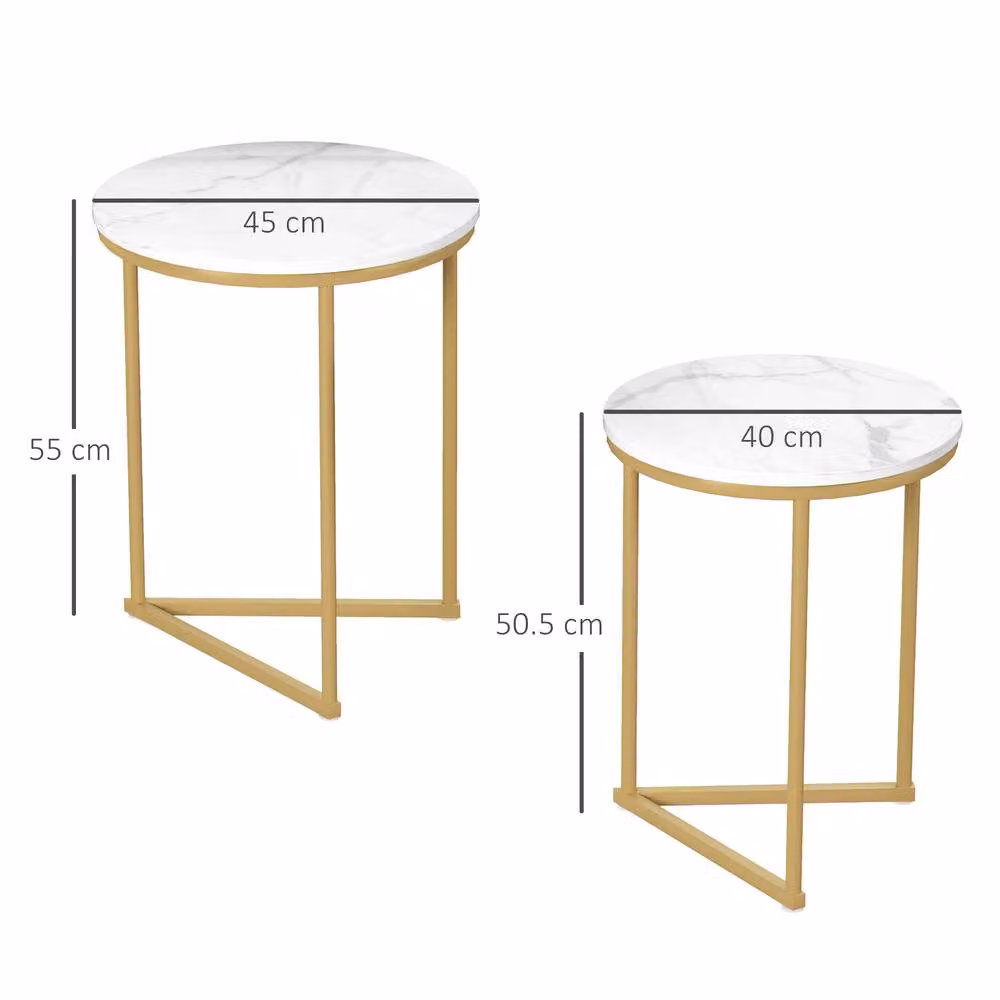 STILVORA Set of 2 Modern Nesting Tables with Gold Sled Bases and Round Marble-Effect Tops – 4