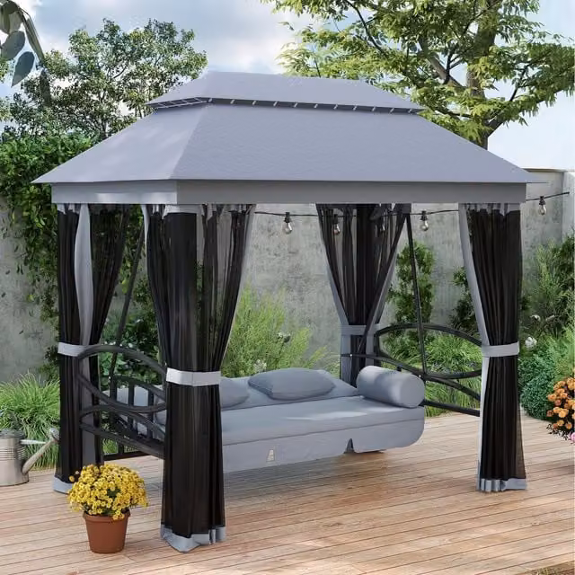 Outsunny 3 Seater Convertible Swing Chair with Sun Canopy and Cushions, Grey