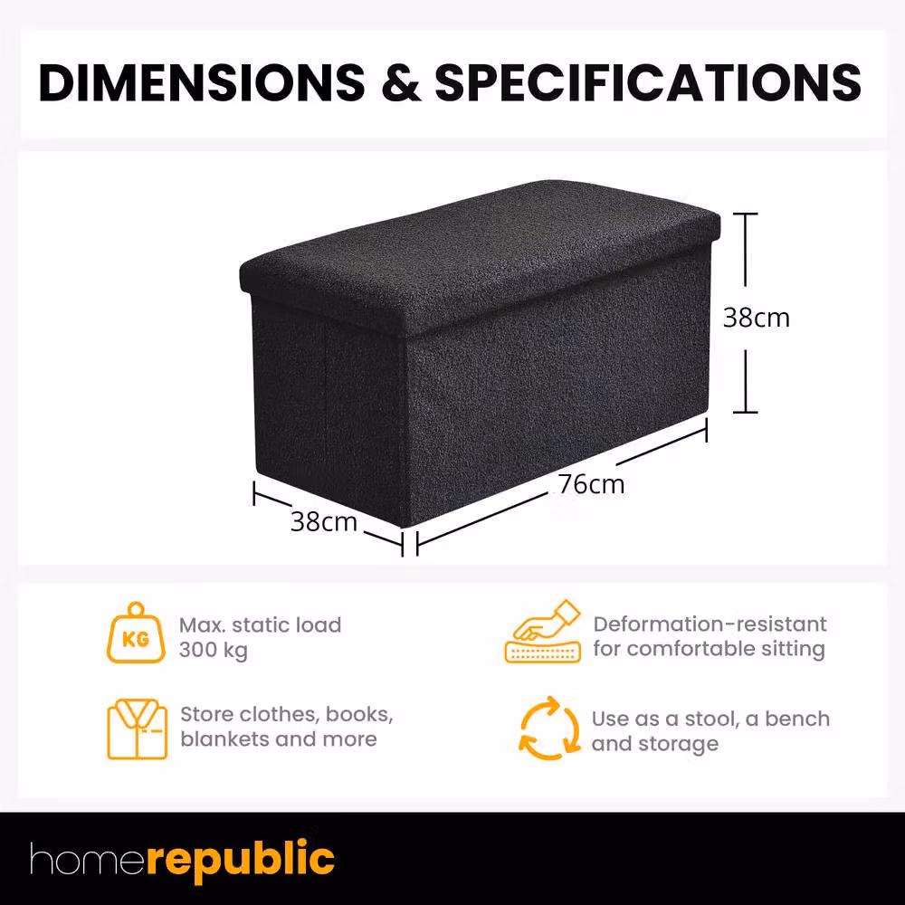 Home Republic Teddy Boucle Foldable Storage Ottoman in Black, Small – 2