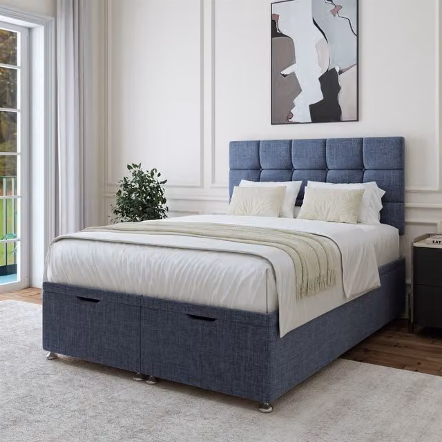 Bedmaster Linen Ottoman Divan Base and Square Headboard in Midnight Blue, Super King, W/D/H: 200 x 200 x 103 cm
