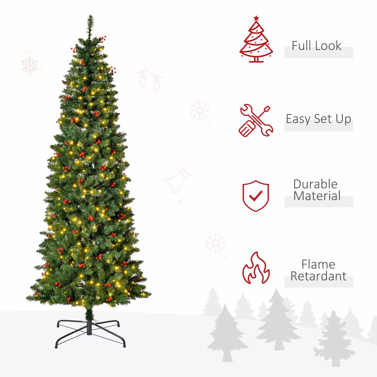 HOMCOM 7ft Prelit Artificial Pencil Christmas Tree with Warm White LED Lights and Red Berries in Green – 4