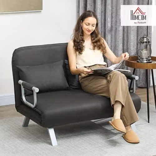 HOMCOM 2 Seater Click Clack Convertible Sofa Bed in Anthracite Grey Microfibre with Metal Frame – 2
