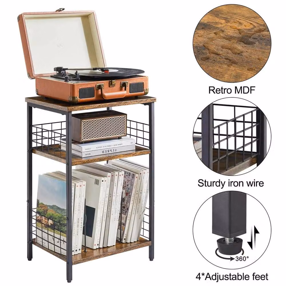 FORGEVIO 3 Tier Vintage End Table and Record Player Stand, Brown, W: 40 cm, D: 29 cm, H: 62.5 cm – 3