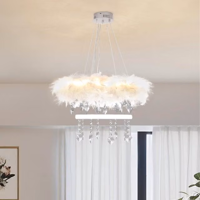 Komore White LED Feather Pendant Light with Ring Accents and Crystal Details