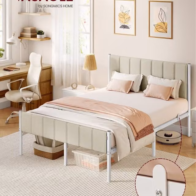 VASAGLE Modern Double Bed Frame with Washable Upholstered Headboard in Beige, W: 135 cm x L: 190 cm