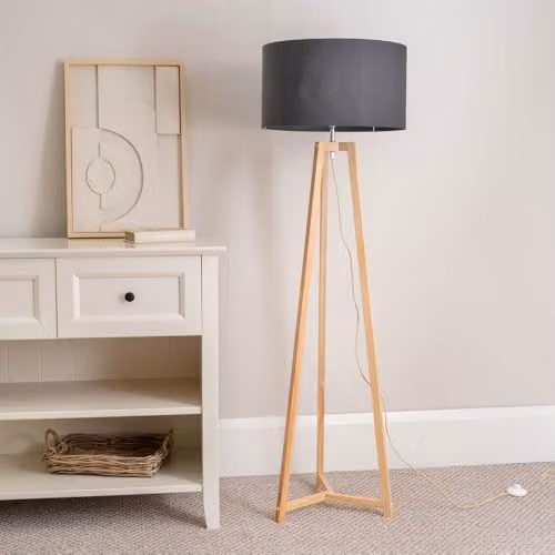 ValueLights Lottie Natural Wood Tripod Floor Lamp with Grey Fabric Drum Shade, H 148 cm x W 45 cm x D 45 cm – 2