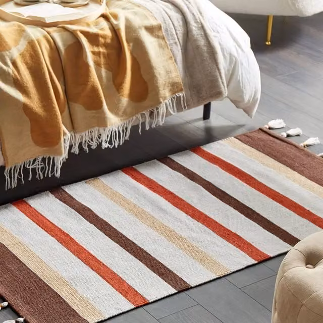 Wyld and Coco Handwoven Cotton Area Rag Rug with Beige and Brown Stripes, W: 80 cm, L: 150 cm
