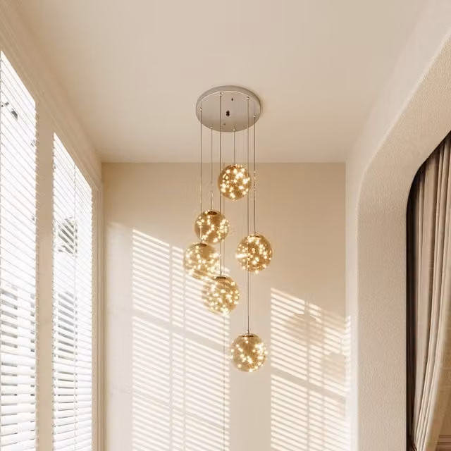 Livingandhome Modern Six-Head Suspended Glass Chandelier in Transparent and Chrome with Warm White LED Spheres