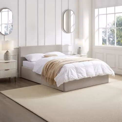 TEDDY BOUCLE King Size Ottoman Storage Bed with Foam Mattress in Beige and White, W/D/H: 180 x 200 cm – 2