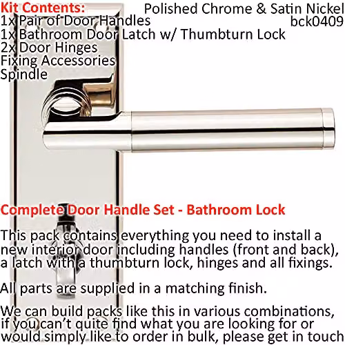 Loops Door Handle and Bathroom Lock Pack in Polished and Satin Nickel with Mitred Lever Backplate – 2