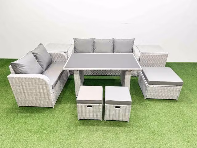 Fimous Garden Furniture Set with Rectangular Table, 3 Stools and 2 Side Tables in Light Grey