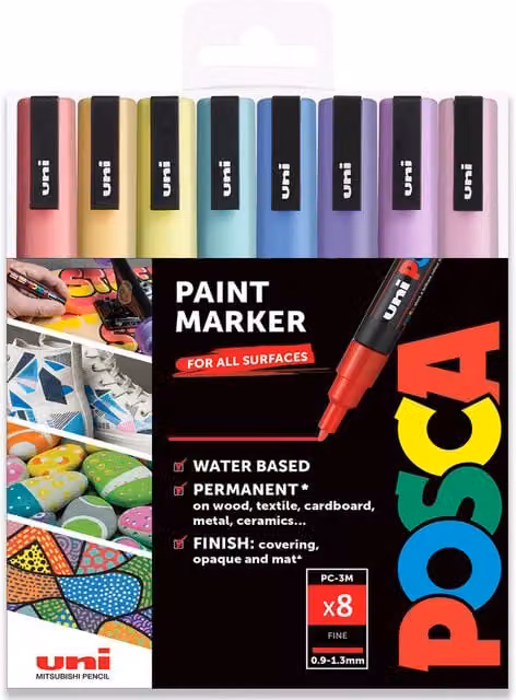 POSCA PC-3M Paint Marker Art Pen Set with Bullet Nib, Pastel Multicolour and Pink