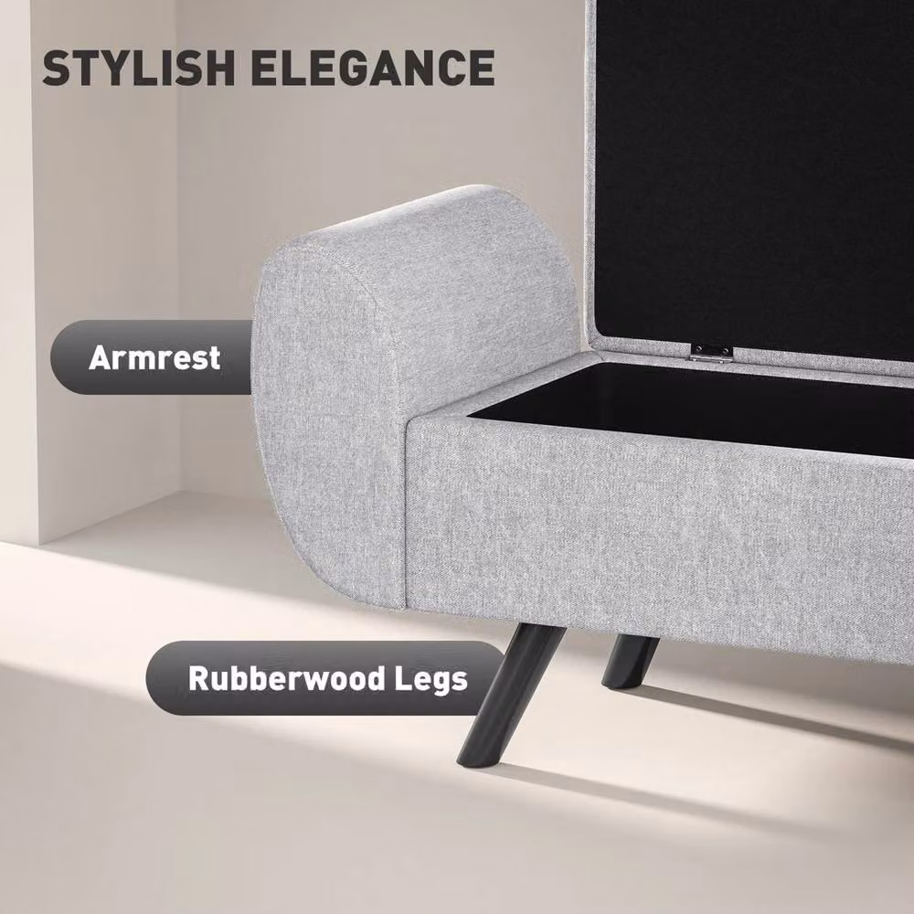Ventryn Grey Upholstered Linen Storage Ottoman Bench with Armrests – 4