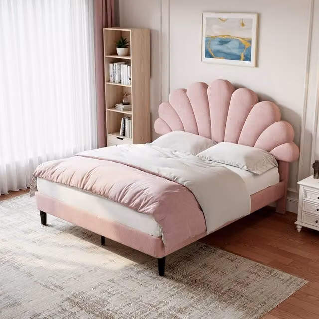 BTM Pink Velvet Upholstered Single Bed Frame with Adjustable Chic Petal Headboard, W/D/H: 90 x 200 cm – 1