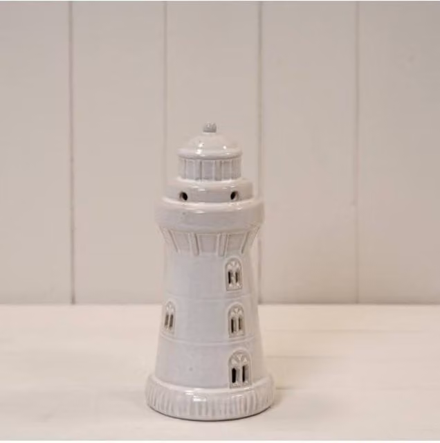 KDMD Glazed Ceramic Lighthouse LED Ornament with Textured Detail in White