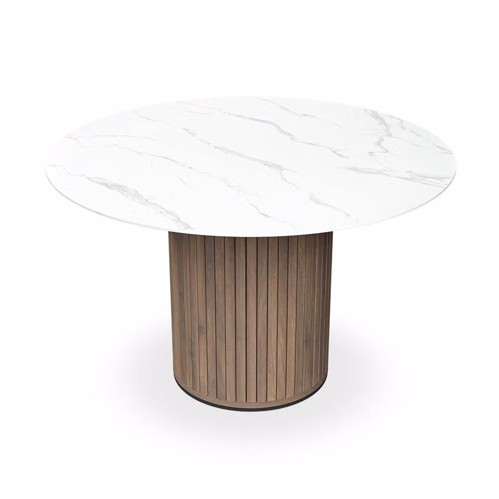 More4Homes Arlo White Marble Top Round Dining Table with Walnut Legs and 6 Myla Grey Linen Dining Chairs Set – 2