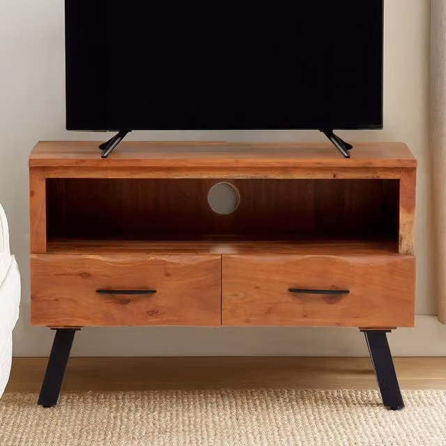 Orsina Two-Drawer Acacia Wood Media Unit with Open Shelf and Iron Legs, Black and Brown, W/D/H: 90 x 40 x 60 cm – 2
