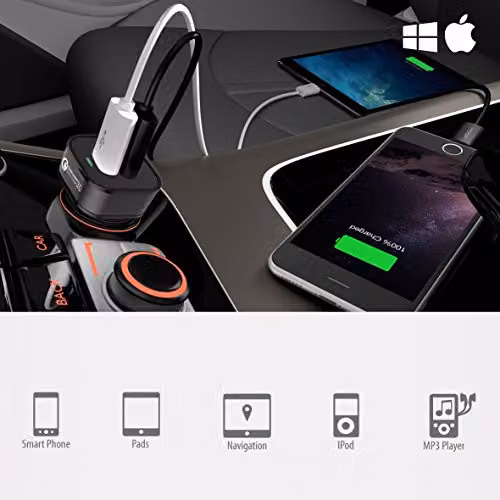 TechStone Dual USB Car Charger with Quick Charge 3.0 in Black and Multicolour – 4