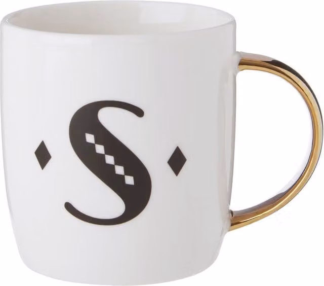 Orsina Modern Diamond Deco Geometric Bone China Mug with Gold Handle in White, Black or Gold